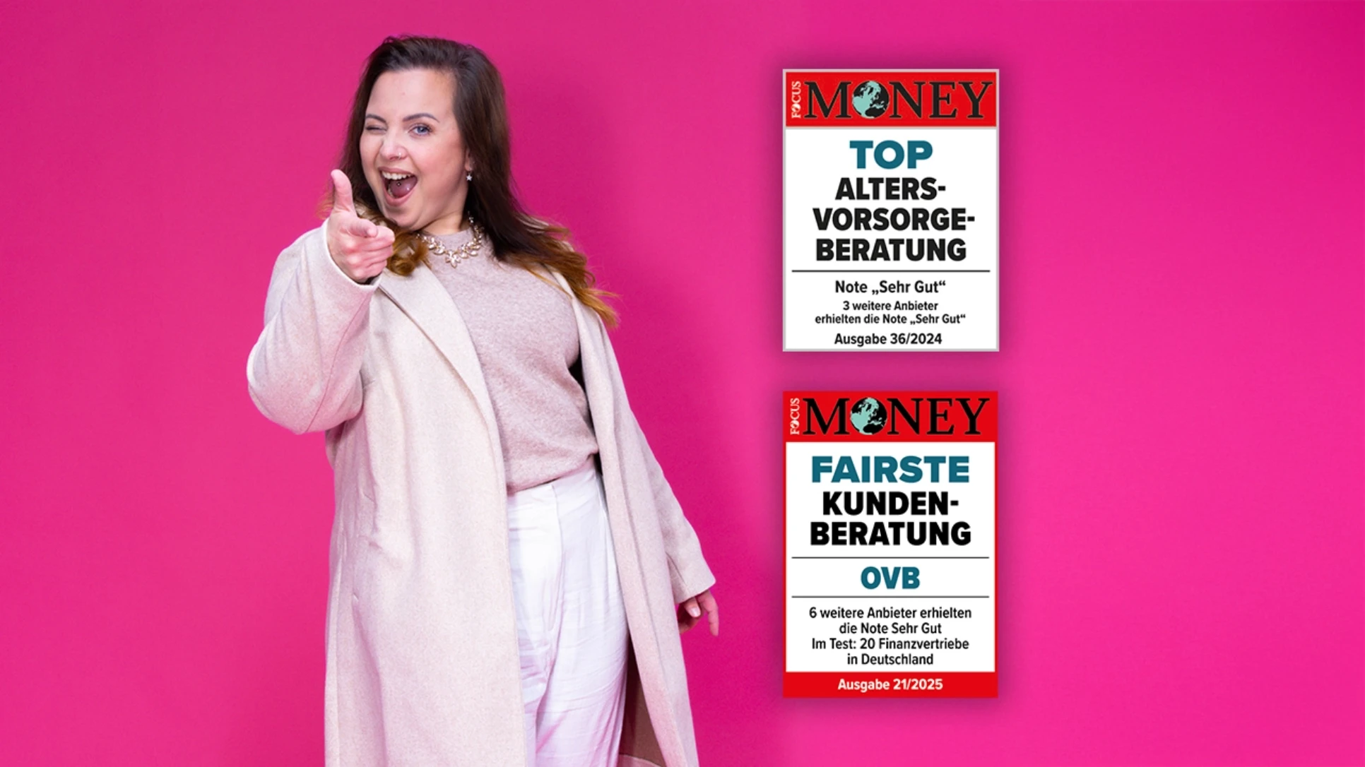 Frau vor pinkem Hintergrund, rechts daneben zwei Focus-Money-Auszeichnungen für OVB in den Kategorien Top-Altersvorsorgeberatung und fairste Kundenberatung
