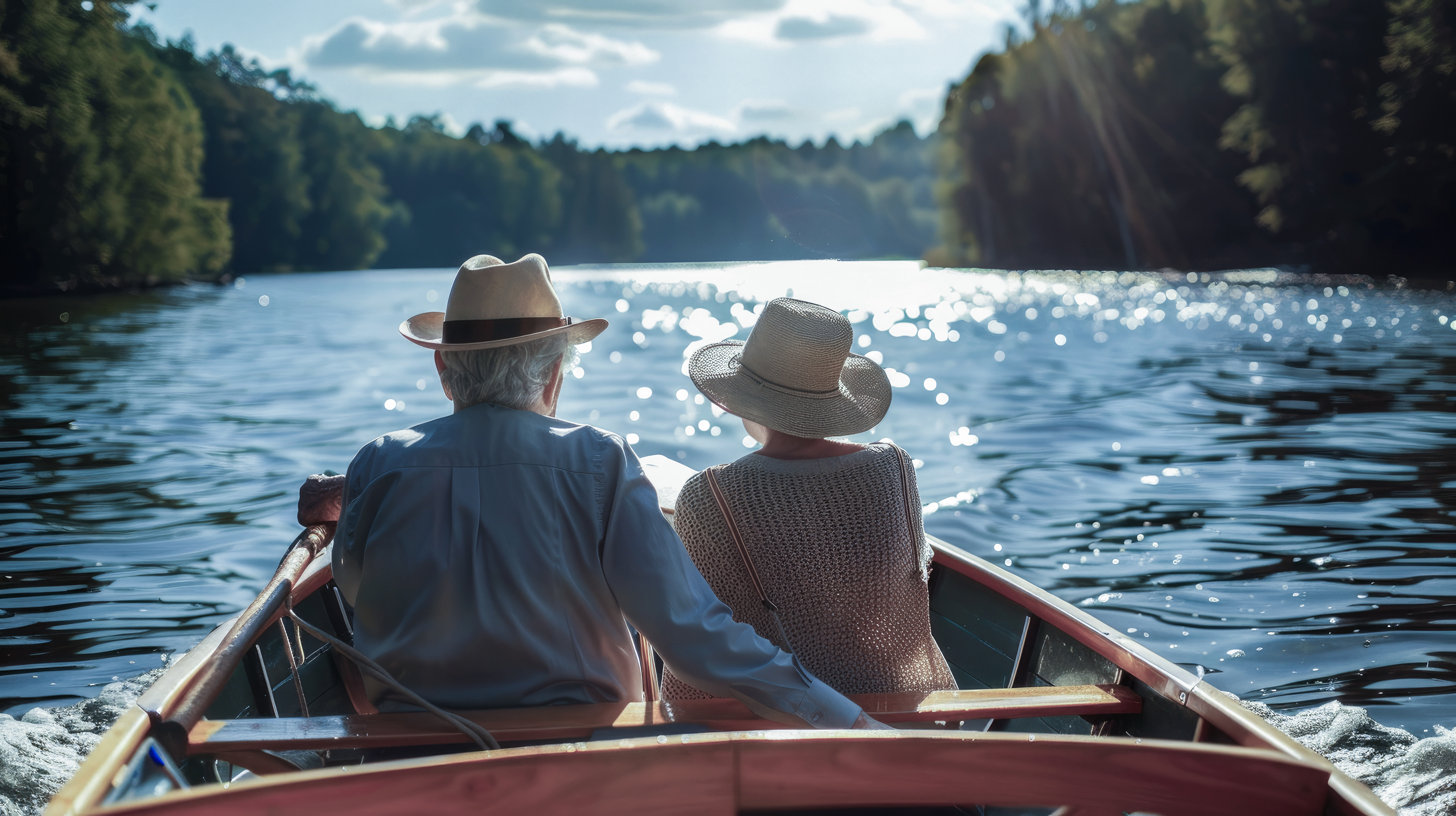 Ein älteres Ehepaar genießt eine Bootsfahrt auf einem See. 