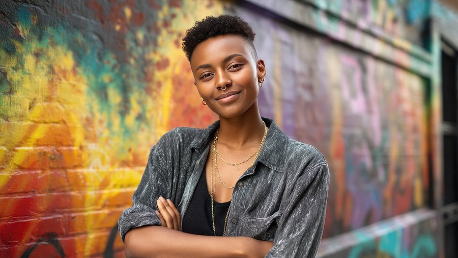 Frau steht vor Bunter Wand